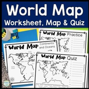 World Map Quiz (World Map Test) with Map Worksheet | 7 Continents and 5 Oceans
