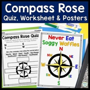 Compass Rose Worksheet, Quiz Test & Posters: Cardinal Intermediate Directions