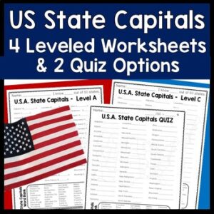 State Capitals, 4 Worksheets 2 Quizzes (Tests), USA States and Capitals Practice
