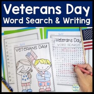 Veterans Day Word Search Activity, Veterans Day Writing Acrostic & Coloring Page